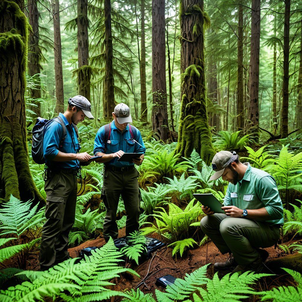 A serene forest scene with towering trees in various stages of growth, where forestry experts in rugged outdoor gear are examining data on tablets, collecting soil samples, and measuring tree circumferences. In the background, a canopy of lush green leaves filters sunlight, creating a dappled effect on the forest floor covered with ferns and flora. Include wildlife like deer and birds to illustrate a healthy ecosystem. super-realistic. vibrant colors.