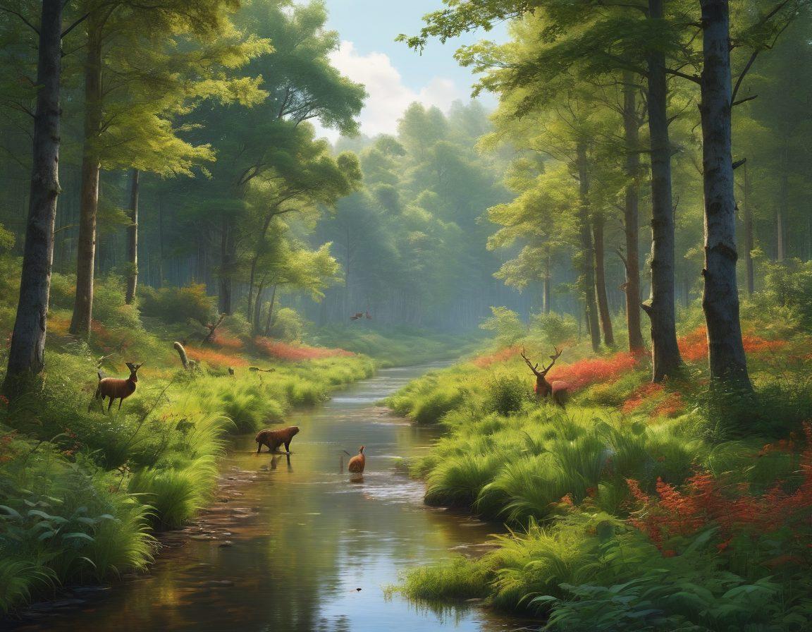 A lush forest with diverse wildlife, showing a harmonious relationship between various species including birds, deer, and insects. Young trees and saplings, planted in neat rows, represent reforestation efforts. A river runs through the forest, emphasizing the rejuvenated habitat. The scene should evoke feelings of hope, renewal, and ecological balance. super-realistic. vibrant colors. natural lighting.