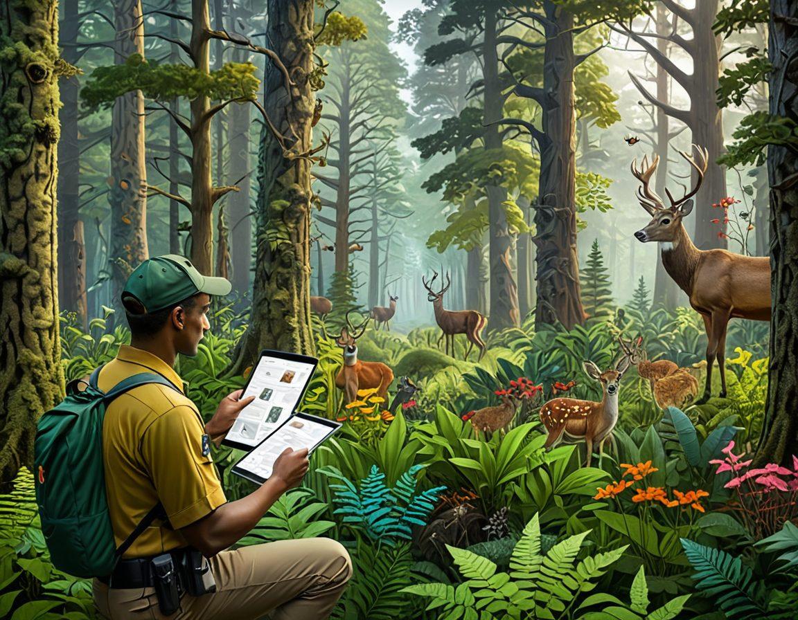 A lush, vibrant forest teeming with diverse flora and fauna, including tall trees, colorful plants, and a variety of animals like deer, birds, and insects. A forest ranger in the foreground holding a tablet and examining data, symbolizing effective management. Include elements of healthy foliage and visible ecological diversity. Detailed and engaging composition. super-realistic. vibrant colors.